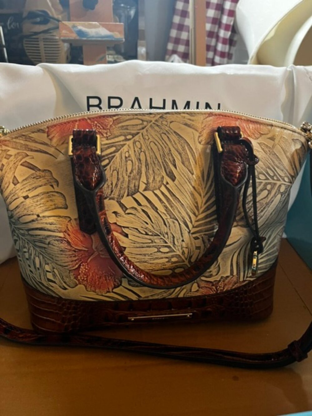 Brahmin Duxbury Satchel Pecan Amina Crossbody Pink Hibiscus Floral Leather LNC